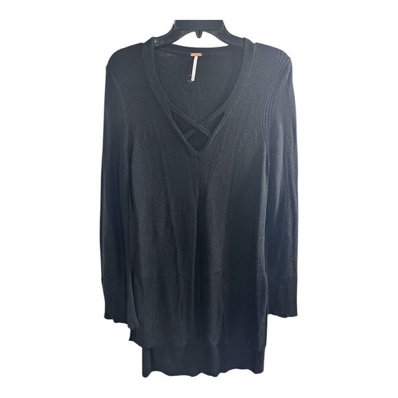 Free People Criss Cross Front Sweater Size M Hi Lo Hem‎ Slit Sleeve Cuffs Black - Picture 1 of 8